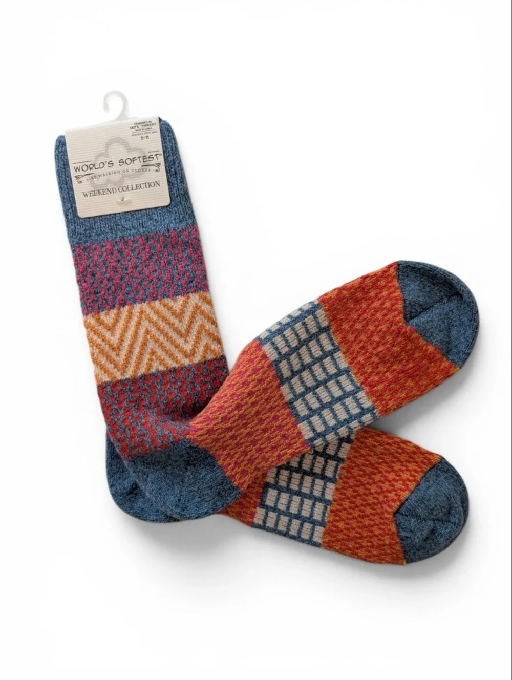 WORLDS SOFTEST Crew Socks Colorful Print Weekend 6-11 Blue Orange Pink White